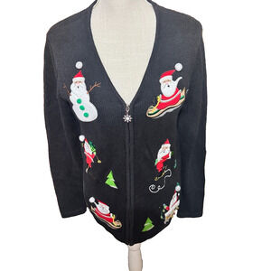VTG Bechamel Black Christmas sweater cardigan Santa Claus embroidered full zip M